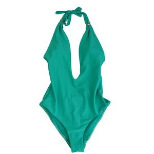 BCBGMAXAZRIA One Piece Swimsuit Womens S Green Halter Plunge Neck Studded Gold